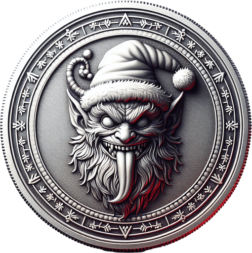 krampus with a christmas hat coin embossed on it png.
Single Game Texture. In-Game asset. 2d. Blank background. High contrast. No shadows.