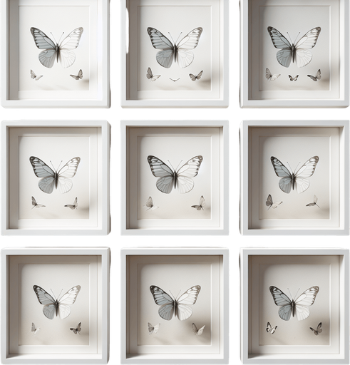 detailled frames of a White butterfly flight.
Zenith view. Grid of frames. Blank background.