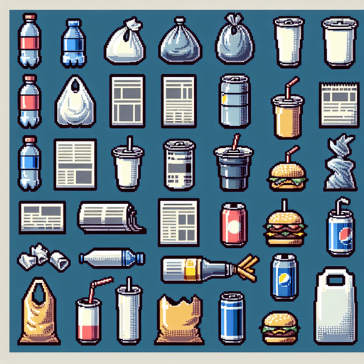 Big Sprite sheet of the most symbolic consumer waste: plastic bottle, plastic bag, can, newspaper sheet, empty hamburger wrapper, can, disposable cup with straw, opened bag of chips, opened can, and others....
game sprite sheet. blank background