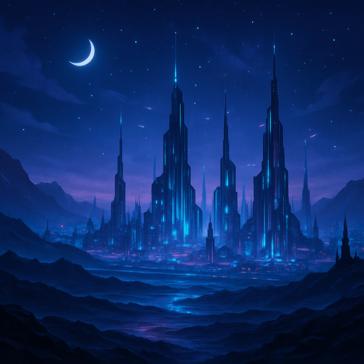 landscape of a furturistic world by night