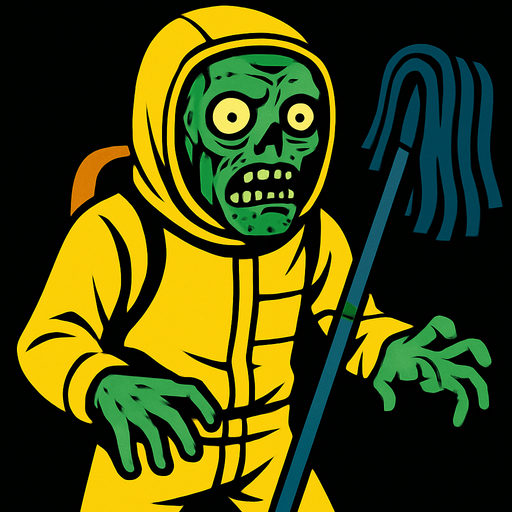 Un zombie con un traje de limpieza.
In-Game asset.  2d.  High contrast.  No shadows