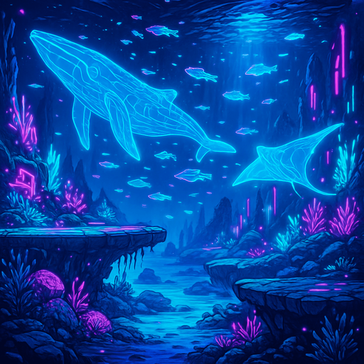 neon cyberpunk manga undersea landscape  oceanic holograms 3d deepsea seafloor underwater background scene large hd side platformer bg