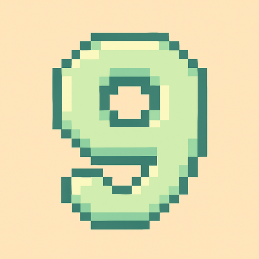 A pixel art number "9" designed for a cozy, cute retro 2D game UI with a bird theme. The number is rendered in soft pastel light green tones to harmonize with the gentle and sweet aesthetic of the game. It has a clean, simple, and rounded pixel style with no harsh edges, fitting perfectly within the pixel art UI style. The number is bold and easily readable at small sizes..
In-Game asset.  2d.  High contrast.  No shadows. pixel art. retro. 2d ui. number. pastel light green. simple. rounded edges. bold. cute. minimal