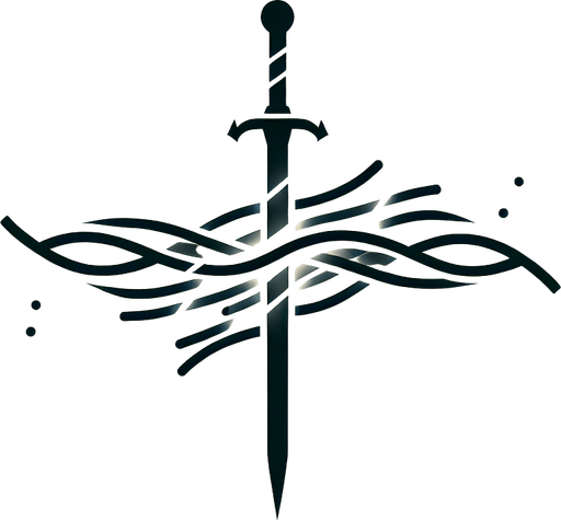 A symbol merging a sword and an arrow/bow, perhaps crossing each other with energy flowing between them..
Single Game Texture.  In-Game asset.  2d.  Blank background.  High contrast.  No shadows
