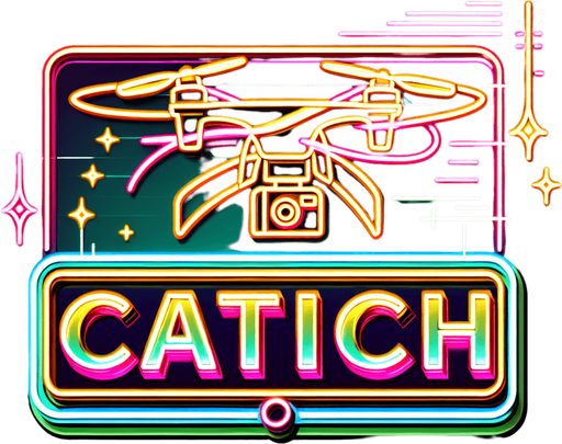 retro sign that says "catch" with an flying drone symbol in neon colors..
Single Game Texture. In-Game asset. 2d. Blank background. High contrast. No shadows.