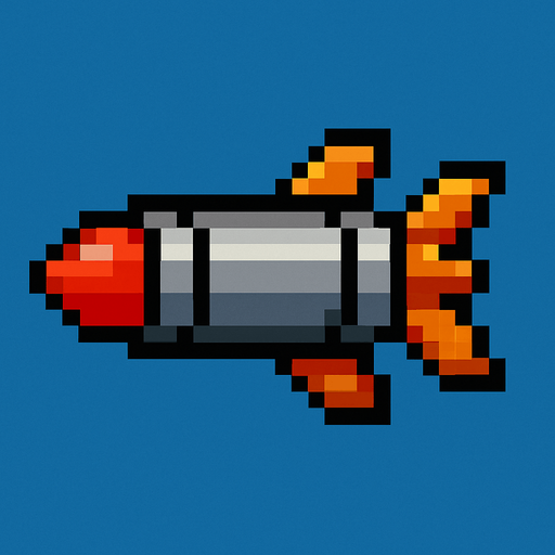 a 2d pixel art missile.
In-Game asset.  2d.  High contrast.  No shadows