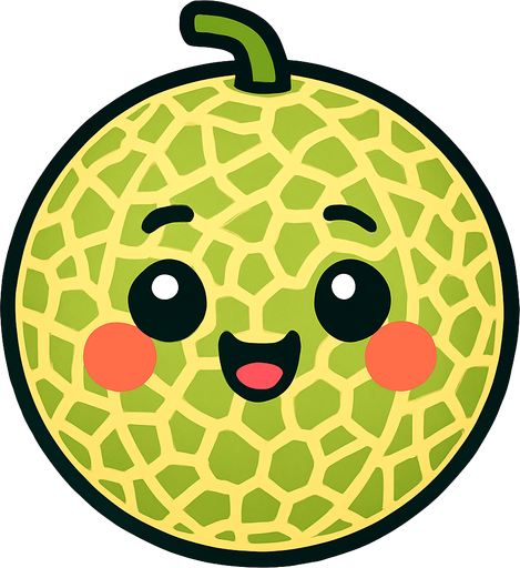 Circle cantaloupe with cute face.
In-Game asset.  2d.  High contrast.  No shadows