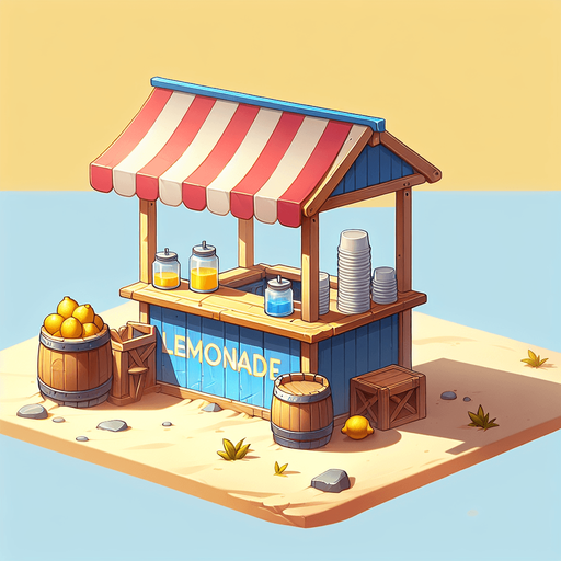 An empty beach side lemonade stand..
Single Game Texture. In-Game asset. 2d. Blank background. High contrast. No shadows.
