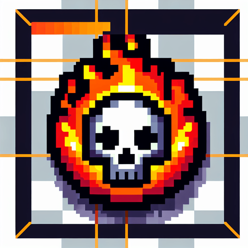 fireskull button. pixelart..
Single Game Texture. In-Game asset. 2d. Blank background. High contrast. No shadows.