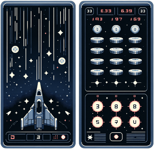 A clean and minimalistic game interface for a Galaxian-inspired game, viewed flat and straight from the front as a mobile app UI. At the bottom of the screen is a sleek, centrally aligned starship designed to fire single projectiles upward. The background features a simple, dark space theme with scattered stars and soft gradients, maintaining a futuristic yet uncluttered aesthetic.

At the top of the screen, coins are arranged in an 8-column by 4-row grid formation, resembling a classic bug-like pattern. Among these, four consecutive coins in the central row are replaced with glowing red digits '3,' '6,' '9,' and '8,' positioned prominently. These digits are larger, brighter, and pulse subtly, making them stand out distinctly from the neutral-colored coins while remaining seamlessly integrated into the grid. The clean layout highlights the digits' importance while keeping the overall design sleek and user-friendly.
Single Game Texture. In-Game asset. 2d. Blank background. High contrast. No shadows.