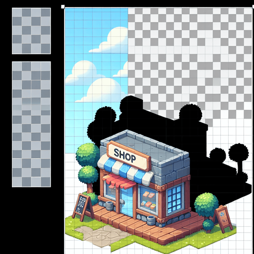 Make it look like a shop.
Single Game Texture.  In-Game asset.  2d.  Blank background.  High contrast.  No shadows