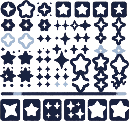 A spritesheet consisting of a variety of white stars. vector style..
Single Game Texture. In-Game asset. 2d. Blank background. High contrast. No shadows.