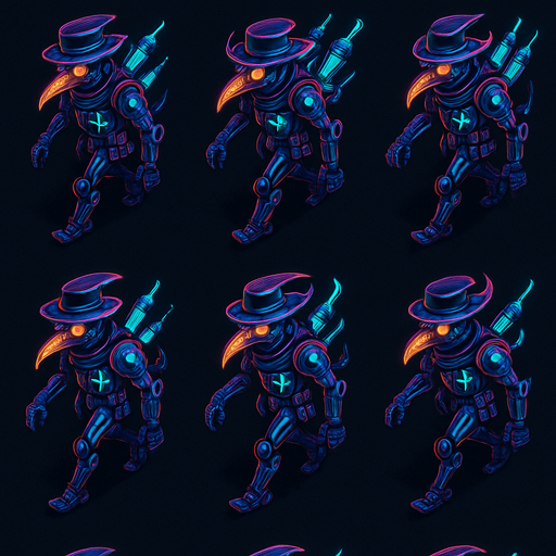 Neon cyberpunk anime top down isometric animatronic plague doctor cyborg demon medic CDC corporate robot monster disease pestilence medicine syringes Walking animation frames