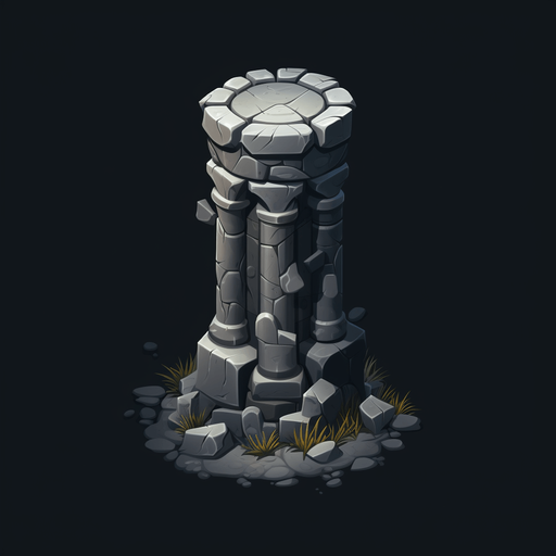 Single Short round Isometric dungeon column, simple, few stones, single column, no floor, dark room, Single Game Texture. In-Game asset. 2d. Pixelart. White background. Blank background. Low detail. High contrast.
