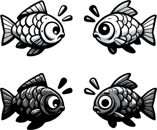 Две версии одной рыбы одна не испуганная другая испуганная 
Анимационом стиле.
Single Game Texture. In-Game asset. 2d. Blank background. High contrast. No shadows.