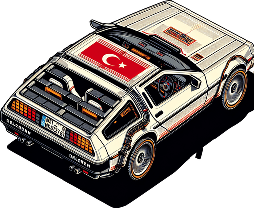 DeLorean car, seen from behind Top down, gta2, Single Game Texture. In-game asset. 2d. Empty background. High contrast. No shadows. isometric. Use modified car with turkish flag..
Single Game Texture. In-Game asset. 2d. Blank background. High contrast. No shadows.