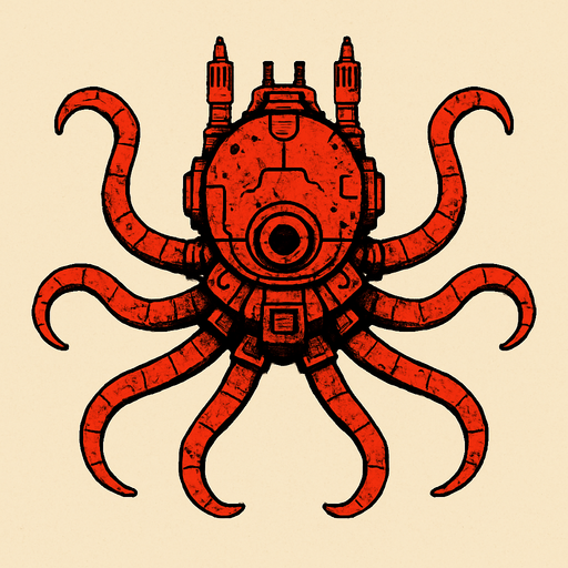 vertical top down red burn robotic octopus scifi war submarine.
In-Game asset.  2d.  High contrast.  No shadows