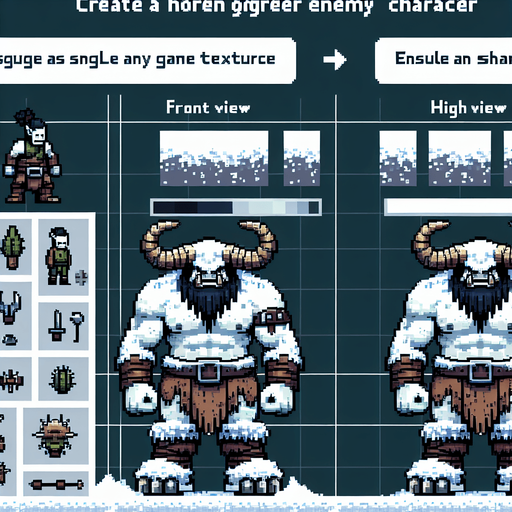 A winter horned ogre enemy character. pixelart. front view.. Single Game Texture. In-Game asset. 2d. Blank background. High contrast. No shadows.