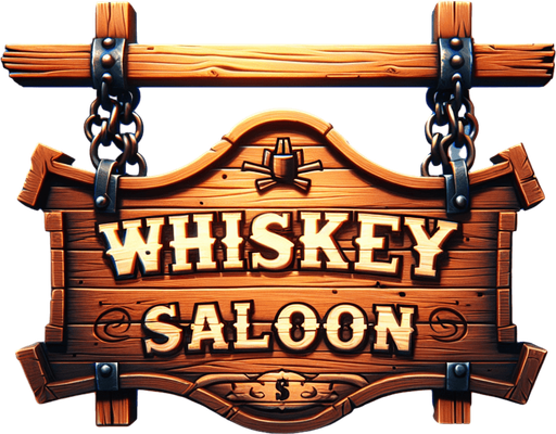 front facing western shooting gallery wooden sign hanging from chains that is written "Whiskey Saloon".
Single Game Texture. In-Game asset. 2d. Blank background. High contrast. No shadows.