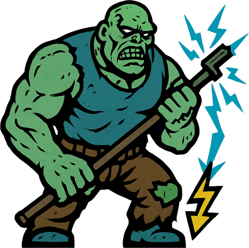 Un zombie grande ey fuerte eue sostiene un palo de electricidad.
In-Game asset.  2d.  High contrast.  No shadows
