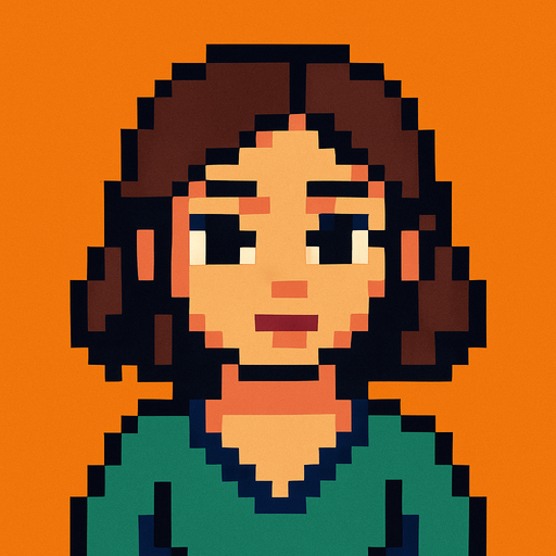 Personaje artística viendo a la cámara pixel art.
In-Game asset.  2d.  High contrast.  No shadows