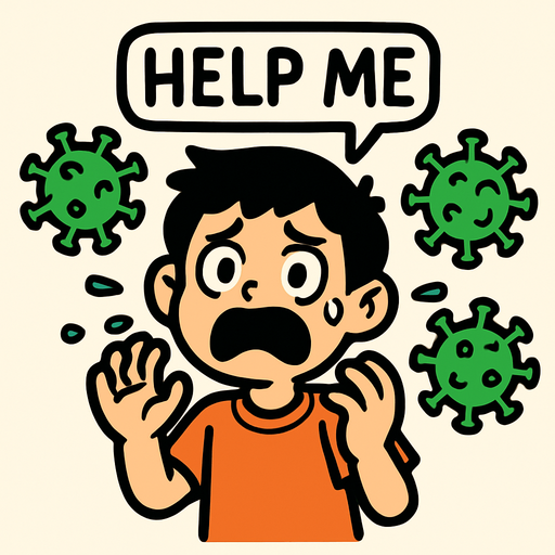 a scared kid from corona virus say help me.
In-Game asset.  2d.  High contrast.  No shadows