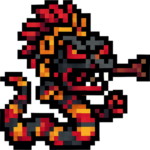 Genérame una Serpiente coral guerrero azteca con eso patrones, estilo pixelar, con una apariencia maligna, ojos rojos, rabioso. Unidad a distancia, con cerbatana. Animal.
In-Game asset.  2d.  High contrast.  No shadows