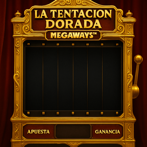 Crea un asset visual completo para una máquina tragamonedas estilo Megaways, coherente con 'La Tentación Dorada'.

Diseño Central Megaways:

Rodillos Dinámicos: Muestra una configuración de 6 rodillos verticales, donde la altura de cada rodillo puede variar de forma dinámica (mostrando entre 2 y 7 símbolos por rodillo). Esto debe ser visualmente aparente, quizás con indicadores de símbolos en la parte superior/inferior de cada rodillo (necesito que dejes un hueco en la maquina para que yo ponga los 6 rodillos/slots).

Estilo y Temática:

Opulencia: Marco de la máquina lujoso, dorado, con detalles intrincados, similar a la tragamonedas principal.

Fondo de Rodillos: Oscuro y elegante (negro, azul noche), para resaltar los símbolos.