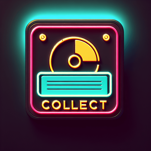 retro sign with the word collect and a datadisk symbol in neon colors...
Single Game Texture. In-Game asset. 2d. Blank background. High contrast. No shadows.