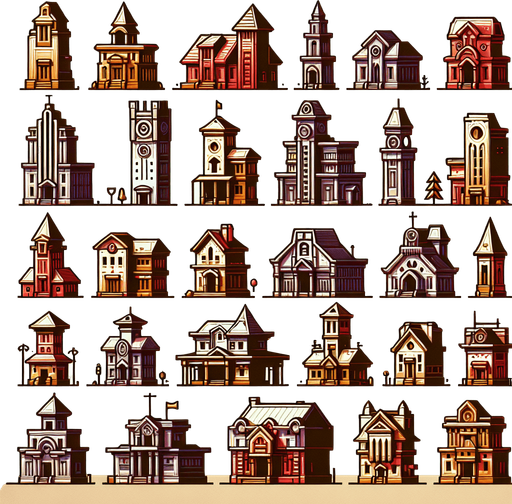 Buildings.
Single Game Texture. In-Game asset. 2d. Blank background. High contrast. No shadows.