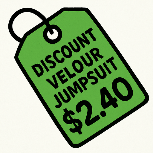 green price tag that says discount velour jumpsuit $2.40.
In-Game asset.  2d.  High contrast.  No shadows