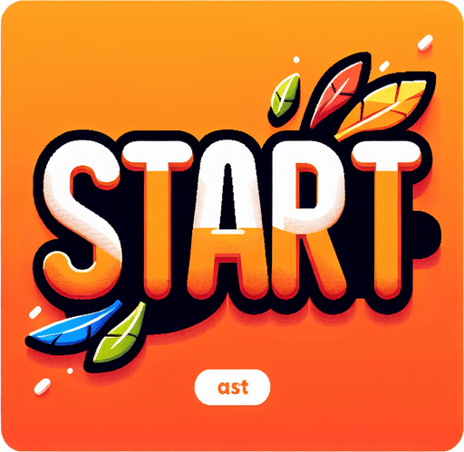 a orange SVG with big bold letters, that says start. a couple color feathers flying of the edge of the word.
Single Game Texture.  In-Game asset.  2d.  Blank background.  High contrast.  No shadows