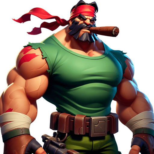 Badass marine with a green muscle T-shirt and a red bandana and a big cigar hanging from his mouth.
Single Game Texture. In-Game asset. 2d. Blank background. High contrast. No shadows.