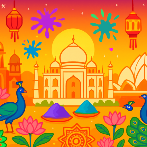 A vibrant, colorful 2D cartoon-style background inspired by India. Include iconic Indian elements such as the Taj Mahal, Lotus Temple, Indian palace architecture, Holi color splashes, and hanging lanterns. Surround the scene with peacocks, lotus flowers, temple bells, or traditional rangoli patterns. The atmosphere should feel festive and spiritual, with a warm sunset or golden light. Designed in a flat, game-friendly illustration style (vector/cartoon), perfect for a level themed around traditional Indian music. Export in 1920x1080 (landscape), without characters or text..
In-Game asset.  2d.  High contrast.  No shadows