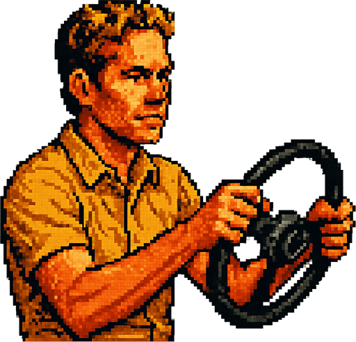 Paul walker holding a car wheel as if he's driving. vintage retro 1980 style. 3/4 view. pixelated. 8 bit. Single Game Texture. In-Game asset. 2d. Blank background. High contrast. No shadows.