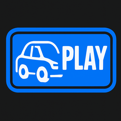 Usntunde play yazan araba temali mavi bir dugme.
In-Game asset.  2d.  High contrast.  No shadows