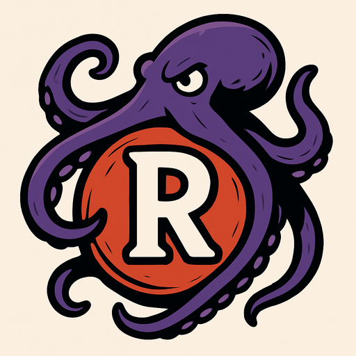 una esfera con una letra r dentro y un pulpo rodeando la esfera.
In-Game asset.  2d.  High contrast.  No shadows