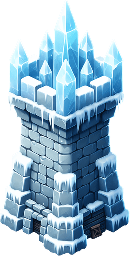 A turret tower built of ice blocks. Front view perspective. Single Game Texture. In-Game asset. 2d. Blank background. High contrast. No shadows.