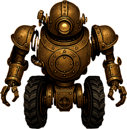 robot estilo steampunk visto desde arriba totalmente no desde el frente con llantas.
In-Game asset.  2d.  High contrast.  No shadows. vistasuperior