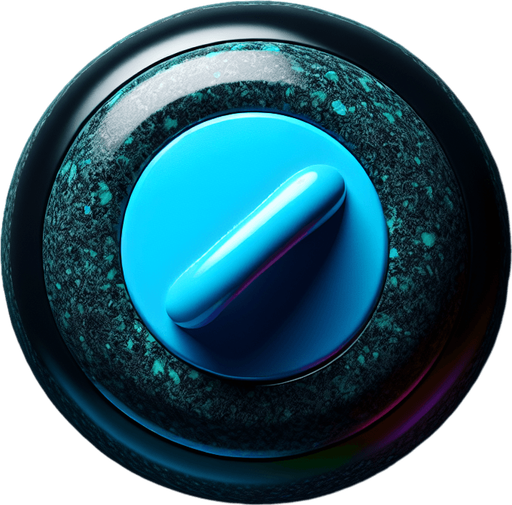 Black curlingstone with neonblue top, top view.