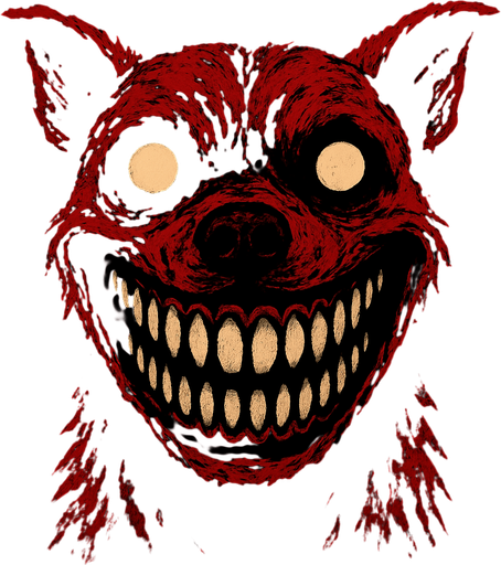 The image displays a highly disturbing and unsettling close-up of what appears to be a dog's head, heavily distorted and manipulated to create a horrific effect. The most striking feature is the dog's mouth, stretched into an impossibly wide and menacing grin that reveals numerous sharp, human-like teeth. Its eyes are wide open, round, and blank white or glowing, contributing to an overall vacant and soulless stare. The fur around its face and head is colored in aggressive shades of red and dark brown, giving it a bloodied or demonic appearance. The overall impression is that of a creature from a horror story, designed to evoke fear and discomfort. The background is completely black, isolating the terrifying subject and intensifying its impact..
In-Game asset.  2d.  High contrast.  No shadows