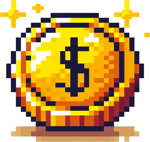 Золотая монетка.
Single Game Texture.  In-Game asset.  2d.  Blank background.  High contrast.  No shadows. pixel art