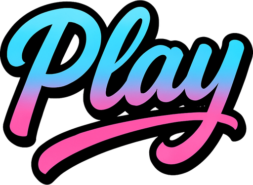 las letras play con un color celeste y rosa combinados con una cursiva
In-Game asset.  2d.  High contrast.  No shadows con contorno negro