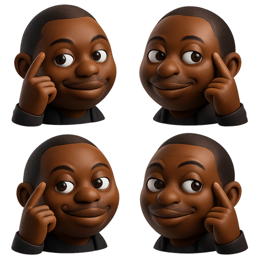 sprite sheet of think smart black guy meme. each face shaped as a marble shaped face made in blender 3D. arrange faces in a 2 by 2 grid