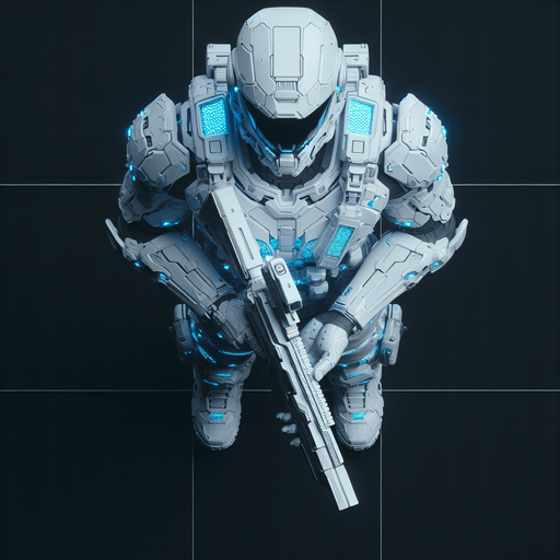 View of a futuristic soldier from directly overhead. White armor with blue glowing cyberpunk details. Holding weapon forward..
Single Game Texture. In-Game asset. 2d. Blank background. High contrast. No shadows.