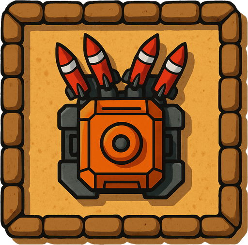 Top view of an Orange defense Military tower Rockets, in the desert, the image has a square border outlined by military defense Brown sandbags.
In-Game asset.  2d.  High contrast.  No shadows