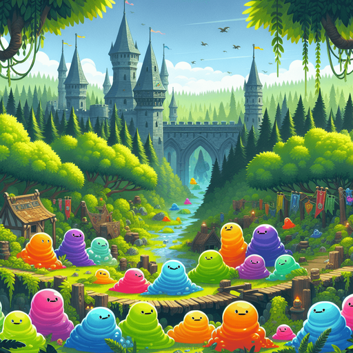 Fullscreen medieval landscape banner, 16:9, high definition, for a game titled "Slime Bestiary". Medieval forest with multiple colored slimes. No text on banner!