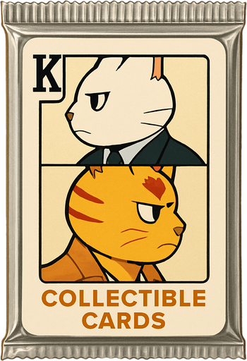 A booster pack of collectible cards in the plastic packaging. On the package is a picture of these two cats as if they are the King on a card in a deck of regular playing cards. The white one is on top facing left and the bottom one is the mirror facing right, side profile, just like a king on a regular playing card. There is a K in the top left corner to mark the King, but no suit.