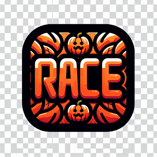 button that says race in orange, black outline of the letters. high contrast. has a pumpkin on it square button with rounded corners
Single Game Texture. In-Game asset. 2d. Blank background. High contrast. No shadows. png background