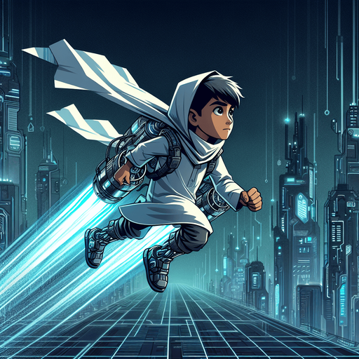 Horizontal Endless Runner Cyberpunk flying Kid with a jetpack.
Single Game Texture. In-Game asset. 2d. Blank background. High contrast. No shadows.